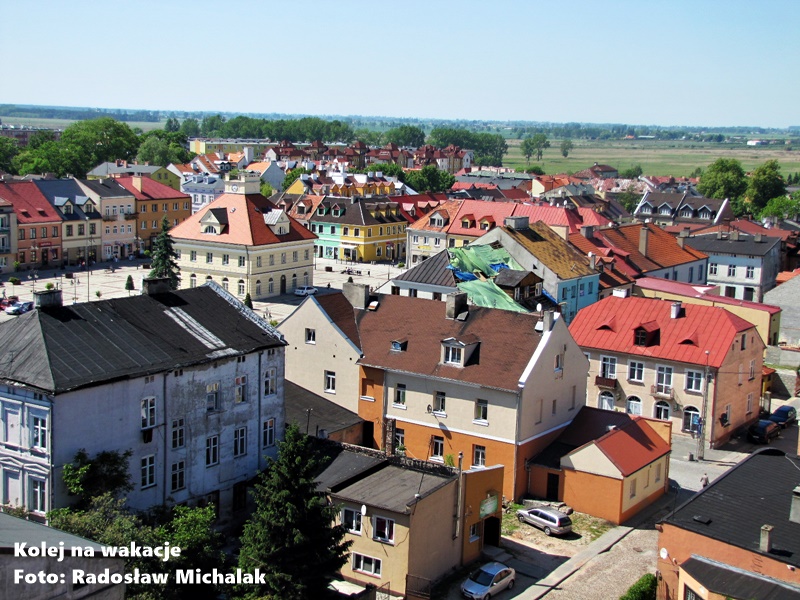 Widok na panoramę Łęczycy z wieży Zamku Królewskiego: czerwone dachy kamienic, wieże kościołów i zieleń miejska w słoneczny dzień.