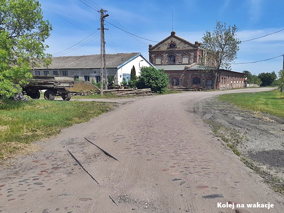 Zachowany fragment wąskotorowego toru cukrowniczego w brukowanym przejeździe drogowym w Walewicach, symbol dawnej linii cukrowni.