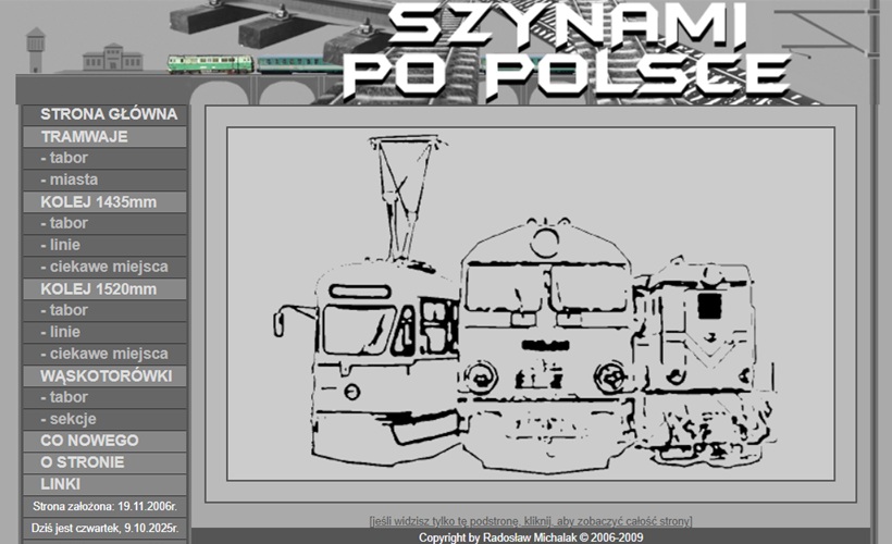 Archiwalny zrzut ekranu strony Szynami po Polsce – pierwszy projekt hobbystyczny Radosława Michalaka (2006-2009)