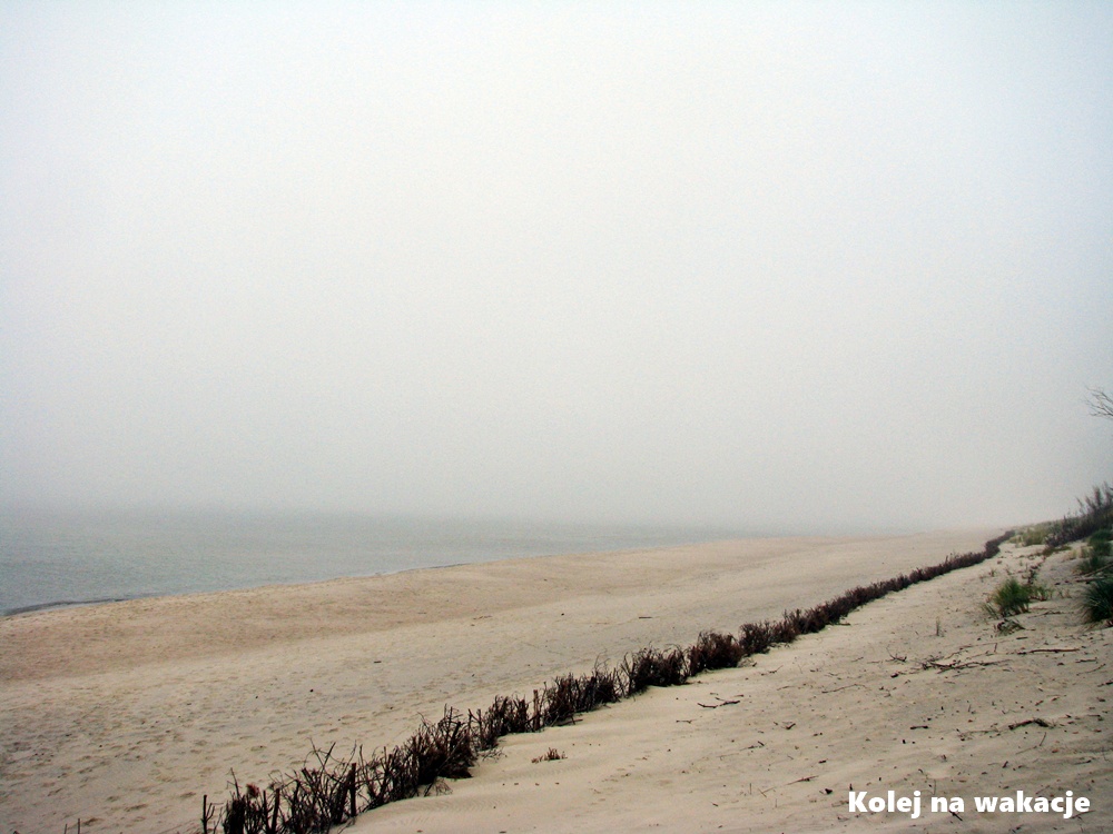 Szeroka, piaszczysta plaża nad Morzem Bałtyckim we mgle, odcinek między Krynicą Morską a Piaskami; minimalistyczny krajobraz nadmorski. Samotność i spokój.