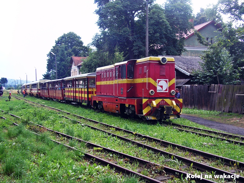 Pociąg Pogórzanin z lokomotywą Lxd2 na stacji Dynów po letniej ulewie, Polska.
