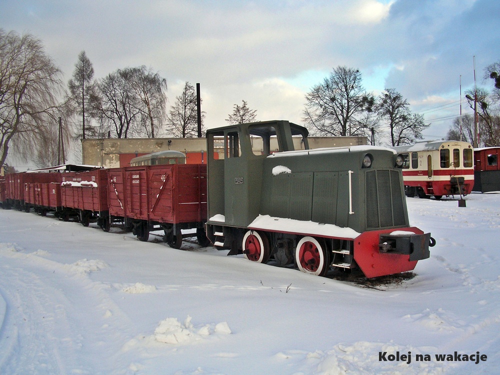 Lokomotywa spalinowa WLs75-94 na zaśnieżonej stacji Rogów Towarowy Wąskotorowy. Przykład zimowej scenerii na Kolei Rogowskiej.