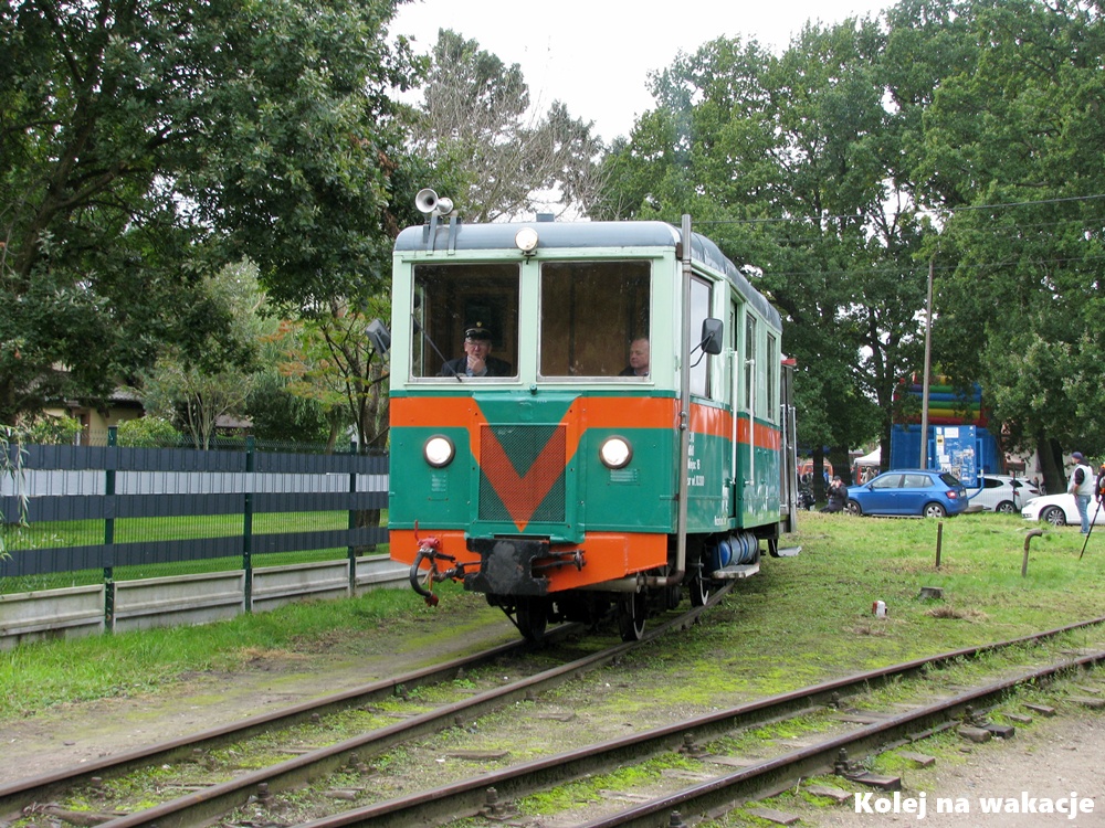Zielony zabytkowy wagon motorowy MBd1-130 wyjeżdża ze stacji Stegna Gdańska; pociąg Żuławskiej Kolei Dojazdowej w drodze do Sztutowa podczas jubileuszu jesienią 2025 roku.