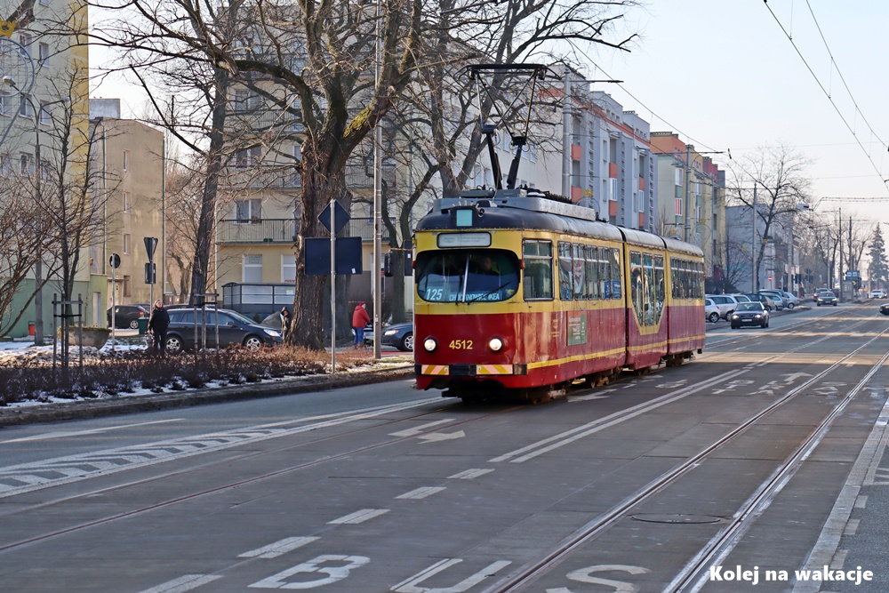Przegubowy, niskopodłogowy wagon tramwajowy typu GT8N jadący ulicami Pabianic w zimowej aurze. Tramwaj jest oznaczony numerem linii 125. Widoczna charakterystyczna konstrukcja wagonu z członem niskopodłogowym, ułatwiającym wsiadanie pasażerom podczas jubileuszowych przejazdów.