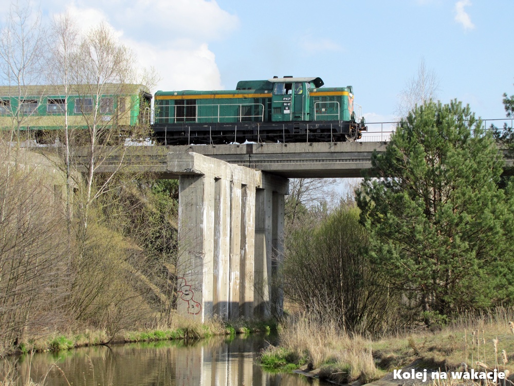 Lokomotywa spalinowa SM42-100 przejeżdża przez most nad rzeką na linii kolejowej Bełchatów – Rogowiec. Widok z boku na skład pociągu w otoczeniu zieleni.