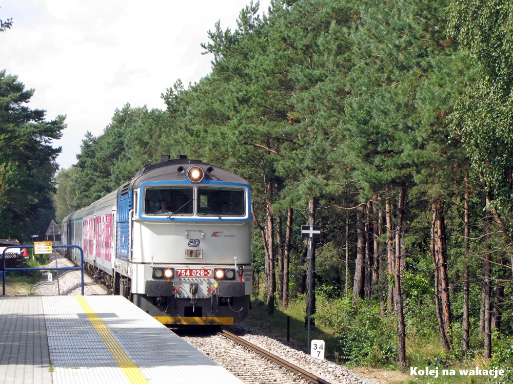 Pociąg PKP Intercity na stacji Hałupy na linii kolejowej Puck – Hel, mijający Mierzeję Helską.