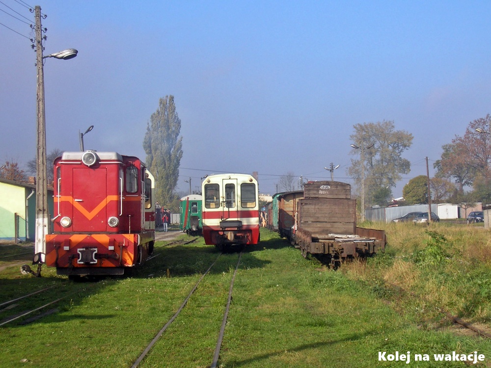 Stacja Jędrzejów Wąskotorowy w 2008 roku, zabytkowy tabor wąskotorowy, lokomotywy i wagony na torach stacyjnych.