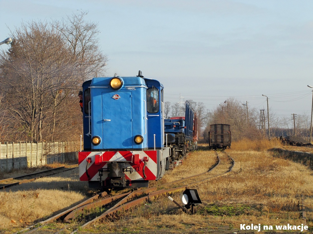 Lokomotywa Lxd2-287 z pociągiem transporterowym na stacji w Zbiersku, grudzień 2011 roku.