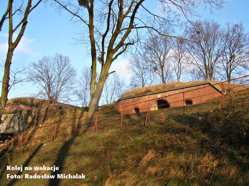 Fragment ceglanych murów obronnych i umocnień Fortecy Toruńskiej, zabytkowa architektura militarna Torunia.