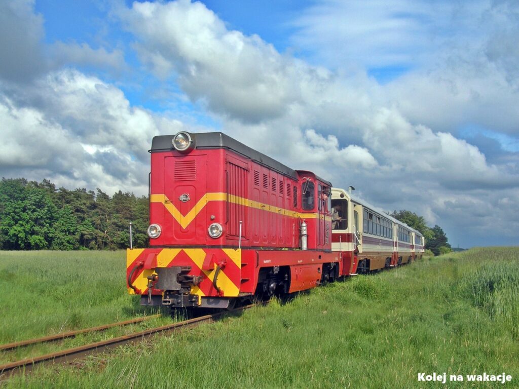 Pociąg retro Kolei Rogowskiej na malowniczej trasie wśród pól i lasów.