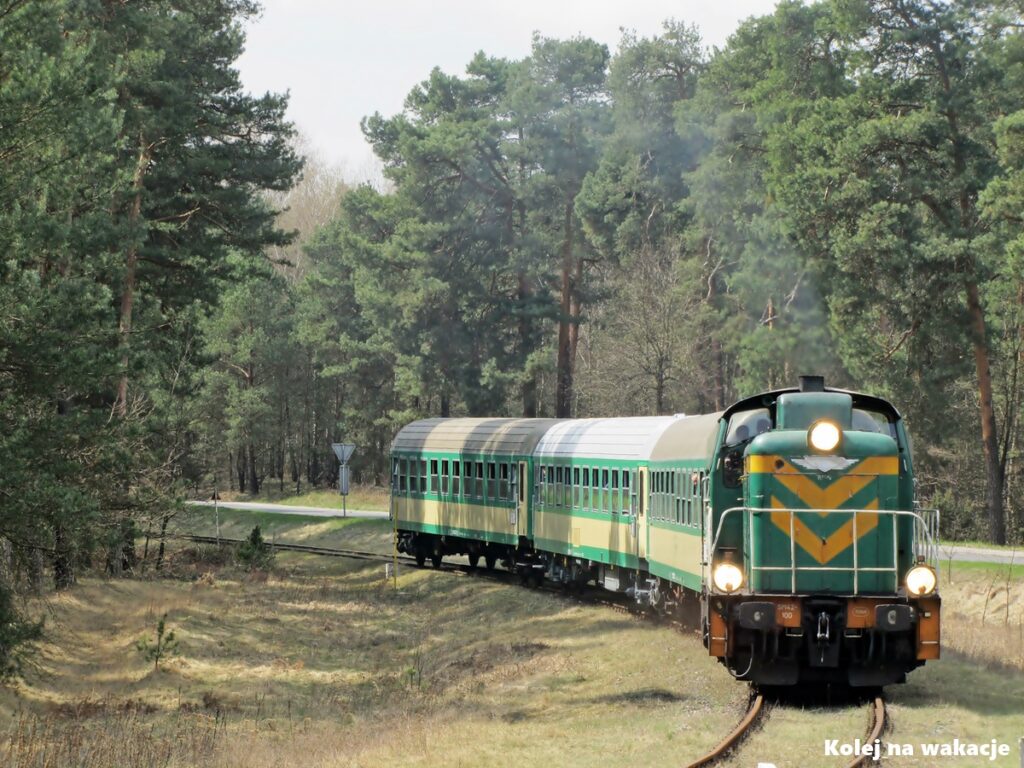 Pociąg specjalny z lokomotywą SM42-100 i trzema klasycznymi zielono-kremowymi wagonami pasażerskimi na trasie Tomaszów Mazowiecki – Spała.