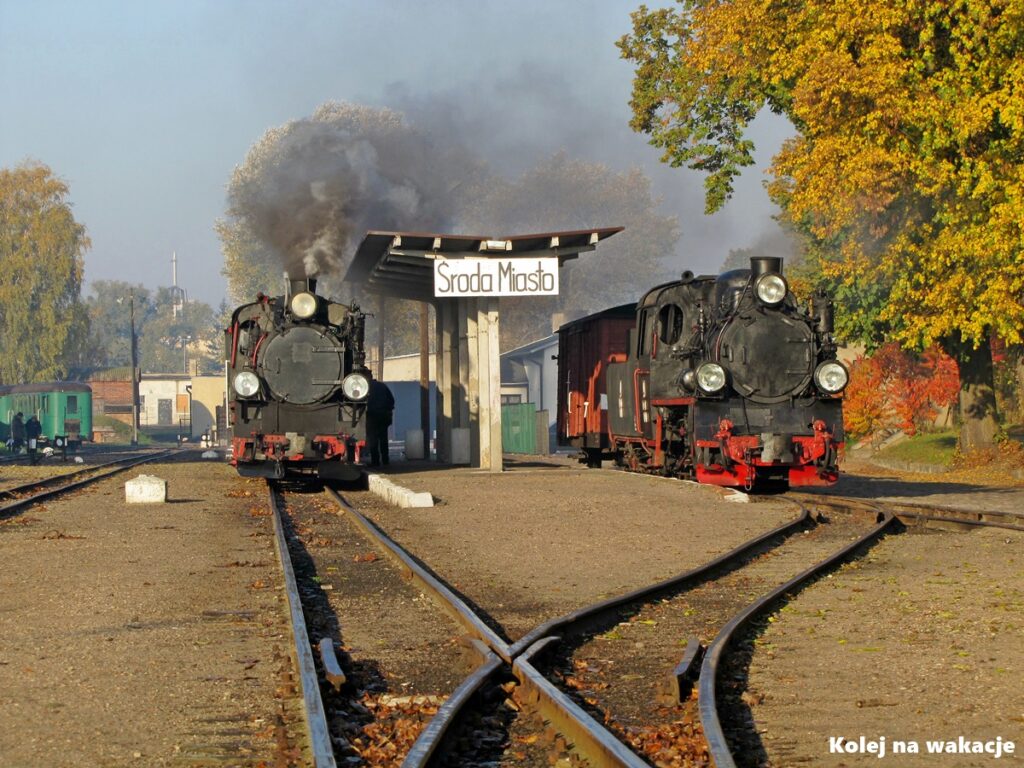 Dwa parowozy wąskotorowe serii Px48, o numerach 1756 i 1920, stoją przy peronach stacji Środa Miasto. Pociąg retro z wagonami typu 1Aw oraz 3Aw gotowy do odjazdu.