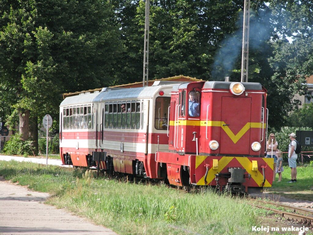 Poziome zdjęcie przedstawiające lokomotywę spalinową Lxd2 o numerze 315 stojącą na stacji wąskotorowej w Stegnie. Do lokomotywy doczepione są dwa rumuńskie wagony osobowe. Skład Żuławskiej Kolei Dojazdowej przygotowuje się do odjazdu w kierunku Nowego Dworu Gdańskiego w słoneczny, wakacyjny dzień.