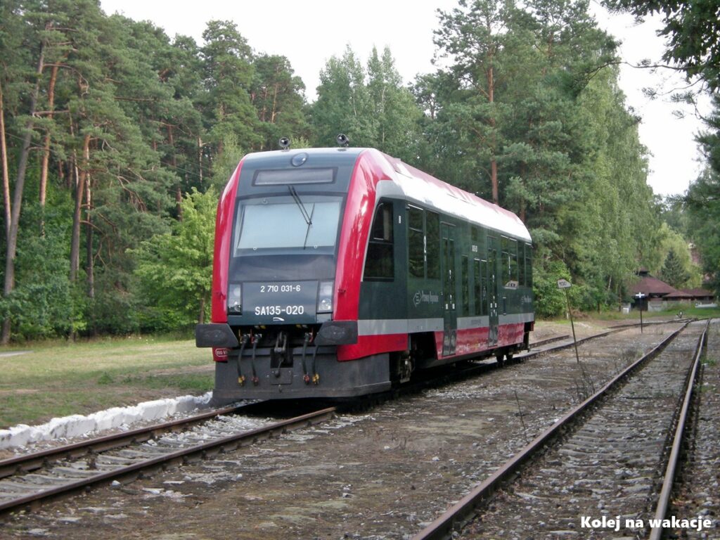 )Szynobus SA135-020 Przewozów Regionalnych stojący przy peronie na stacji kolejowej w Spale w sierpniu 2015 roku