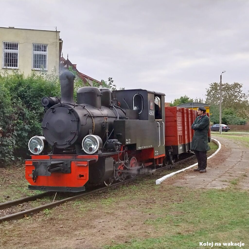 Parowóz wąskotorowy typu Las (Fablok) ciągnący skład pasażerski na trasie Żuławskiej Kolei Dojazdowej w Stegnie.
