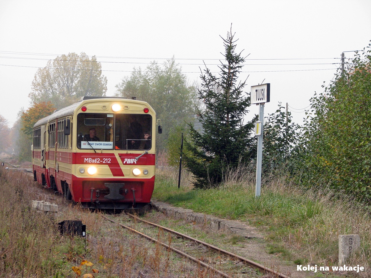 Wagon motorowy MBxd2-212 Żuławskiej Kolei Wąskotorowej na przystanku w Tujsku.