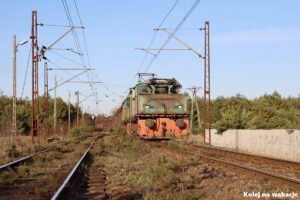 Pociąg z dwiema lokomotywami EL2 przejeżdża przez rozjazdy w Wygodzie. Na pierwszym planie mała choinka.