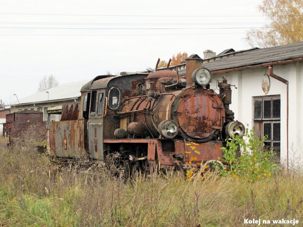 Zardzewiały parowóz Px48-1784 na zarośniętych torach odstawczych w Mławie w 2012 roku