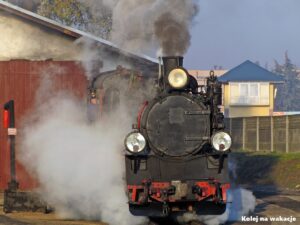 Parowóz Px48-1756 wypuszcza kłęby pary na zapleczu Średzkiej Kolei Powiatowej