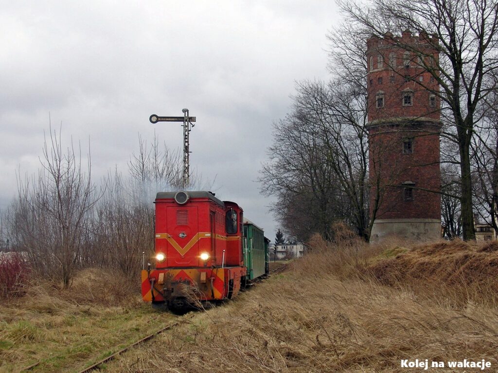 Pociąg pożegnalny z lokomotywą Lxd2 opuszcza stację Ozorków Wąskotorowy na tle wielkiej ceglanej wieży ciśnień w pochmurny dzień, 1 marca 2008 roku.