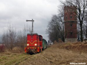 Pociąg pożegnalny z lokomotywą Lxd2 opuszcza stację Ozorków Wąskotorowy na tle wielkiej ceglanej wieży ciśnień w pochmurny dzień, 1 marca 2008 roku.