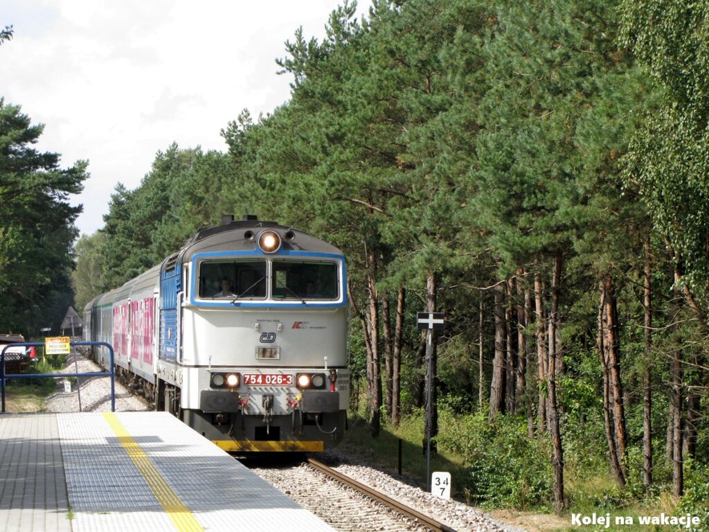 Pociąg PKP Intercity wjeżdżający na stację Chałupy na Półwyspie Helskim podczas wakacyjnej podróży nad Bałtyk