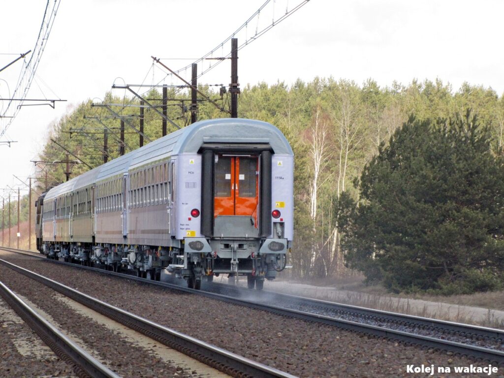 Tył pociągu pasażerskiego PKP Intercity jadącego po torach Centralnej Magistrali Kolejowej (CMK) w okolicach Opoczna na tle lasu.