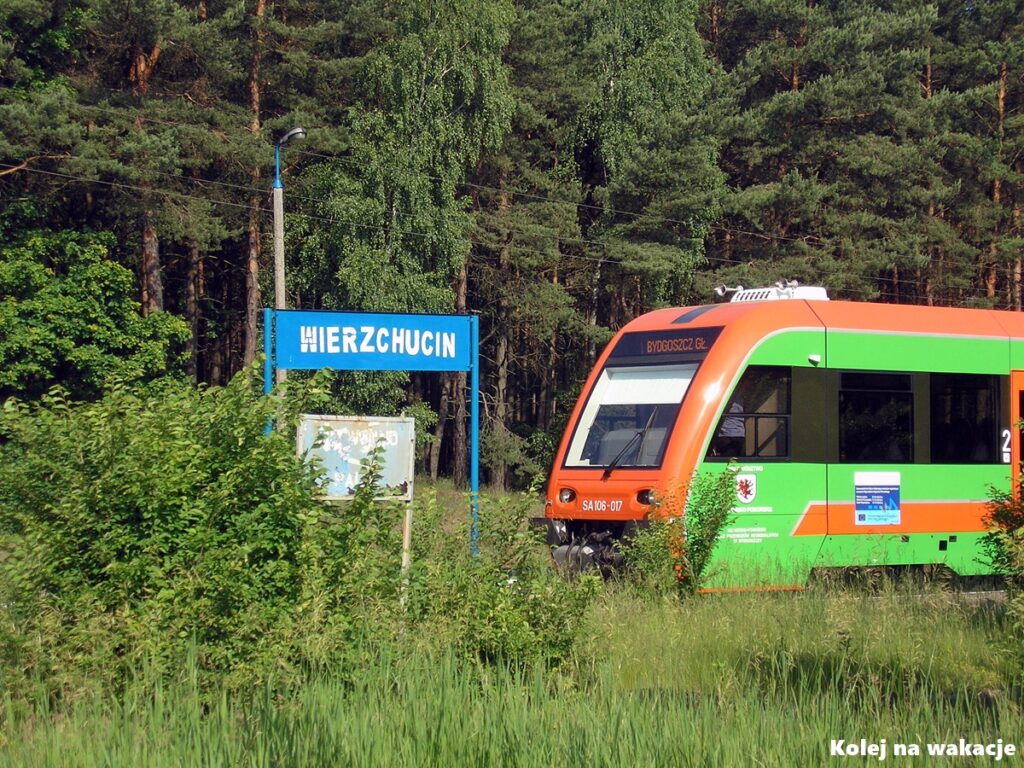 Pociąg regionalny na stacji Wierzchucin w Borach Tucholskich